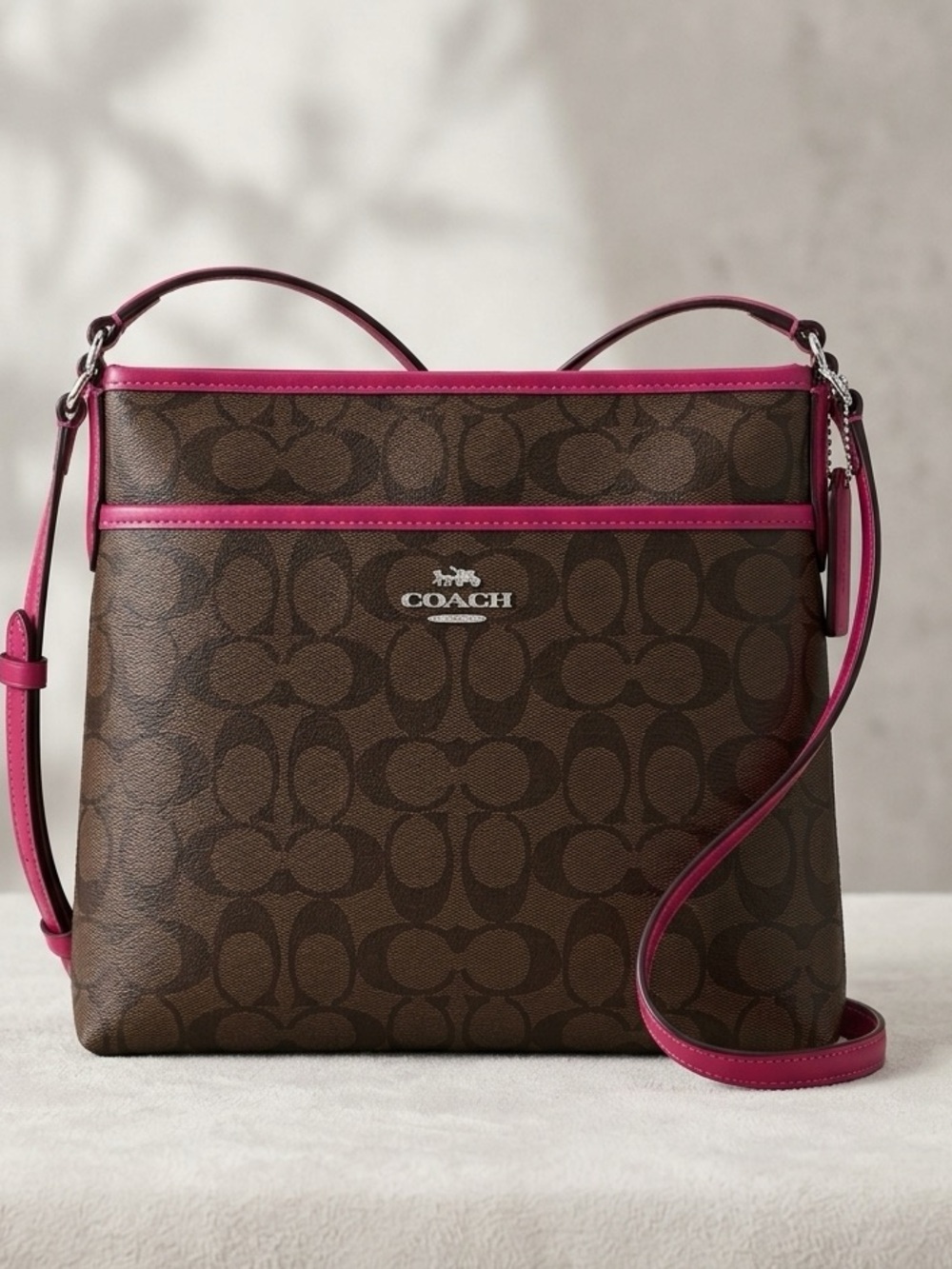 Coach Signature Canvas File Crossbody Bag with Fuchsia Pink Trim Y2K